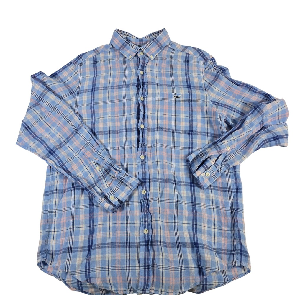 Vineyard Vines‎ Classic Fit Tucker Shirt Mens Blue Plaid Linen Button Down M